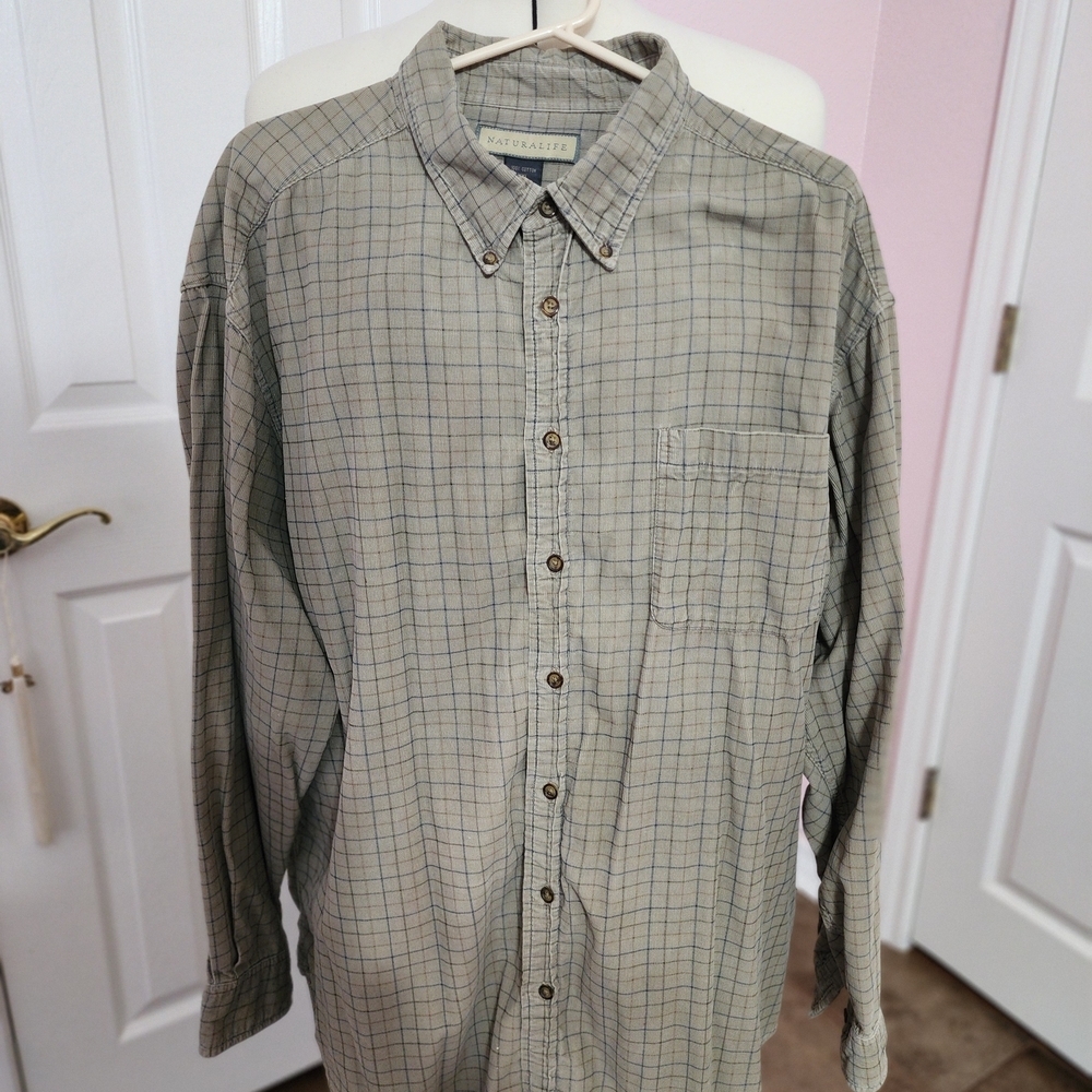 NATURAL LIFE Men's Plaid Button-Down Shirt - Gray and Blue